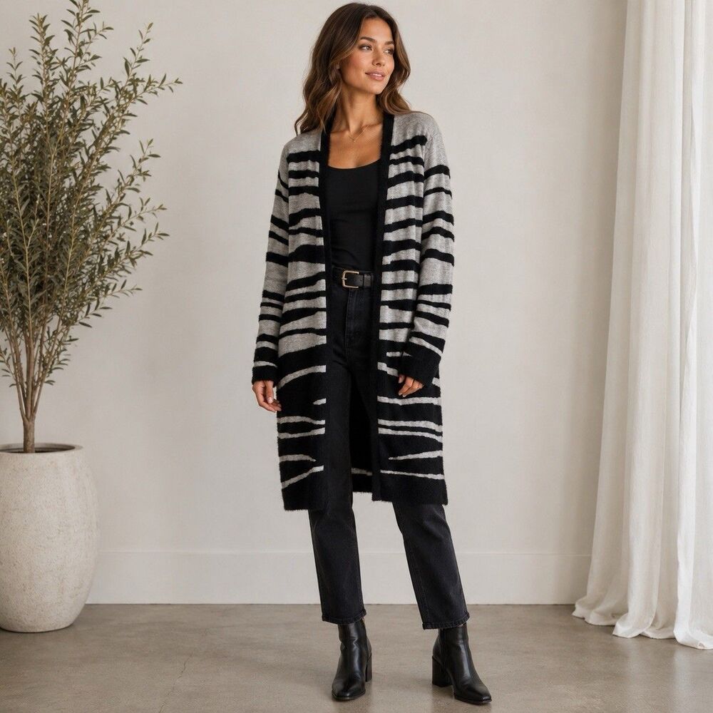 Chico's Gray Black Zebra Maxi Open Cardigan Comfort Fall Office Minimalist Med